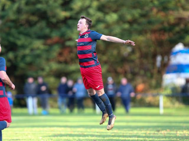 Danny Lane celebrates after completing his hat-trick for Paulsgrove against Bush Hill. Picture: Chris Moorhouse