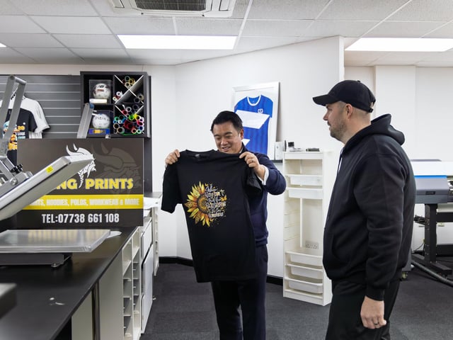 Alan Mak MP with owner Sean Logan at Viking Prints in Leigh Park