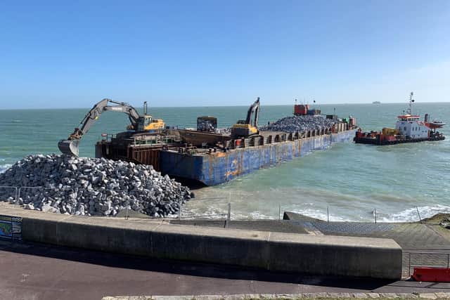 Thousands of tonnes of rock have been offloaded onto the beach near the Pyramids to build new flood defences for the next phase of the Southsea Coastal Scheme

Picture: Portsmouth City Council