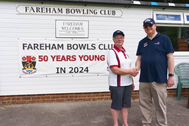Rosemary Bailey, Fareham Bowling Club President, Robert Peach, Chairman of the RNLI Fareham