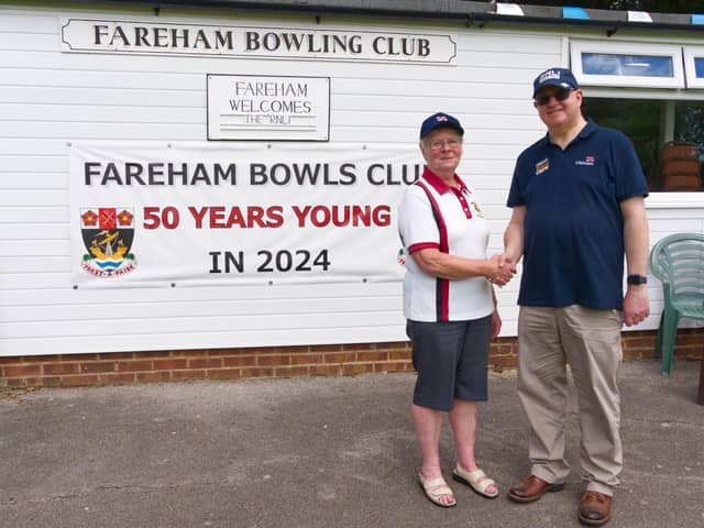 Rosemary Bailey, Fareham Bowling Club President, Robert Peach, Chairman of the RNLI Fareham
