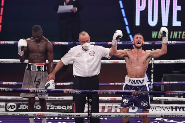 Michael McKinson, right, is overcome with emotion after being declared the winner in his huge March bout with Chris Kongo. Picture: Mark Robinson/Matchroom Boxing