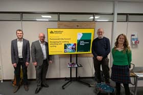 Councillors attending the training session. From L-R: Andy Watt. Walk Wheel Cycle Trust; Cllr Steve Pitt, Leader of Portsmouth City Council; Cllr Peter Candlish, Cabinet Member for Transport and Flo Marshall, Walk Wheel Cycle Trust.