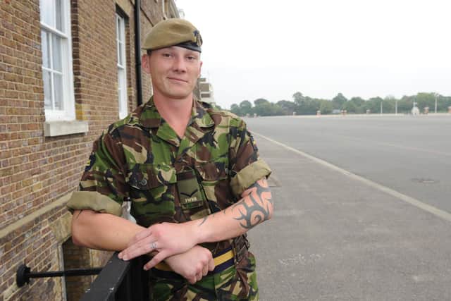 Dan Arnold, pictured as a 24-year-old Lance Corporal at the Woolwich Barracks in London having recently returned from his deployment to Afghanistan with the 2nd Battalion The Princess of Wales's Royal Regiment (2 PWRR) in 2008.