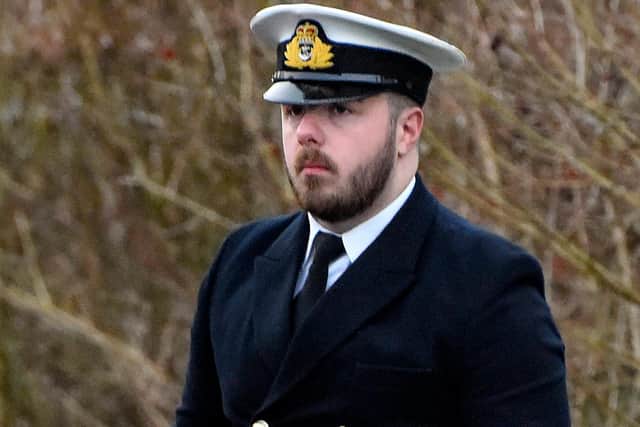 Pictured: Sub Lieutenant Scott Ewing is accused of secretly filming himself having sex with a female officer before uploading it to a Snapchat group for 'bragging rights', a court martial heard.
© Ewan Galvin/Solent News & Photo Agency