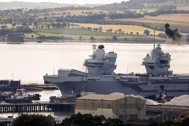 Aircraft carrier HMS Prince of Wales set sail from Rosyth Dockyard on July 21, 2023 in Rosyth, Scotland. The ship spent months in dry dock in Rosyth so significant repairs could be carried out on the starboard propeller shaft and rudder.