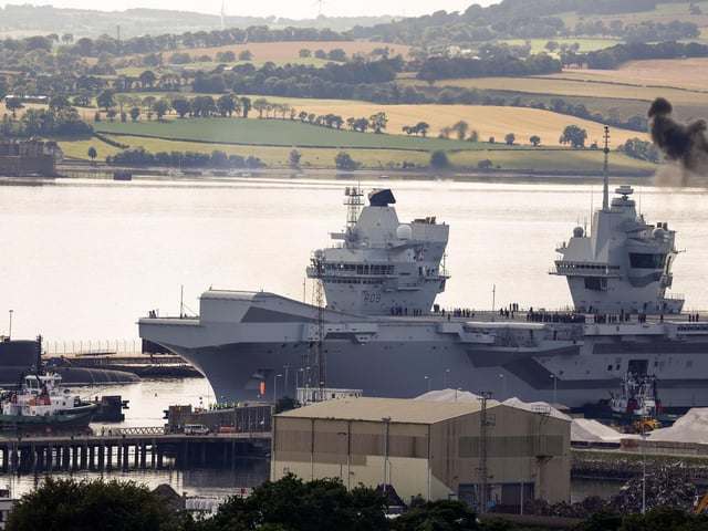 Aircraft carrier HMS Prince of Wales set sail from Rosyth Dockyard on July 21, 2023 in Rosyth, Scotland. The ship spent months in dry dock in Rosyth so significant repairs could be carried out on the starboard propeller shaft and rudder.