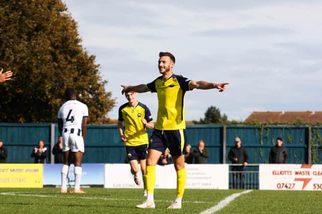 Bradley Tarbuck celebrates his goal during Gosport's 4-0 trouncing of Farnborough. Picture: Tom Phillips