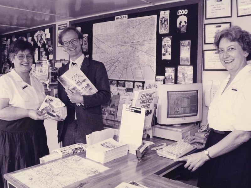 Havant MP David Willetts talking to Linda Newell manager of the Havant Tourist Information Office  (left) and Elizabeth Aitchison, 1993. The News PP4525