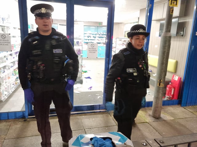 Police probe after North End street attack. Officers at Lalys Pharmacy on Wednesday night
