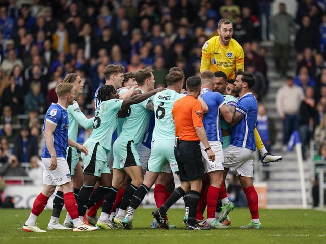 Trouble flares between Pompey and Wigan at Fratton Park in April 2024. Picture: Jason Brown/ProSportsImages