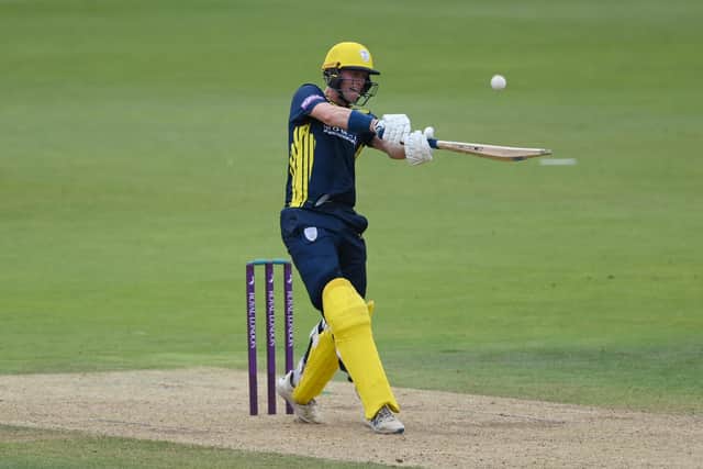 Nick Gubbins hits out on his way to a century against Sussex. Photo by Mike Hewitt/Getty Images.