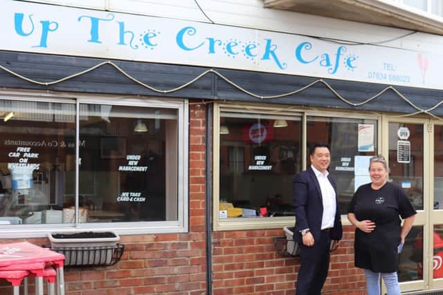 Alan Mak MP with Rachel Monks outside Up The Creek