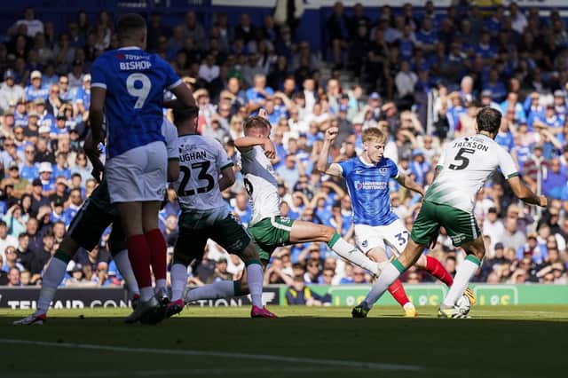 Paddy Lane nets an eighth-minute equaliser for Pompey in front of the Fratton End against Lincoln. Picture: Jason Brown/ProSportsImages