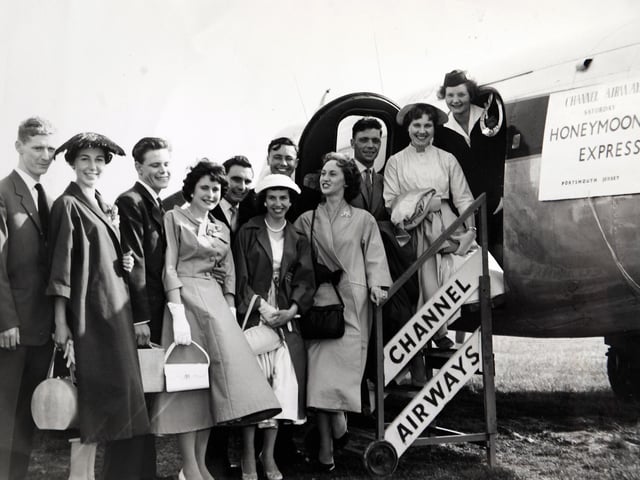 Gordon and Pat Sears from Bridgemary pictured in The Evening News in 1958 (5th and 6th from the left) on their way to Jersey for their honeymoon from Portsmouth Airport.
