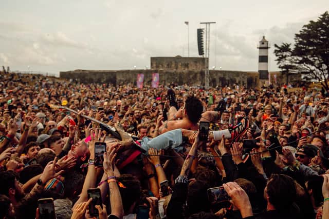 Softplay get up close and personal with the crowd during their set in 2024
