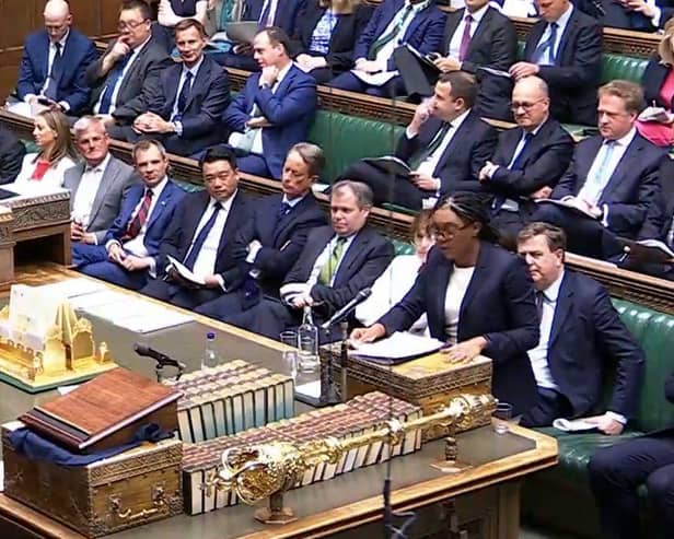 Alan Mak MP (fourth left) watches from the Opposition Front Bench as Conservative leader Kemi Badenoch responds to the Labour Government's EU deal