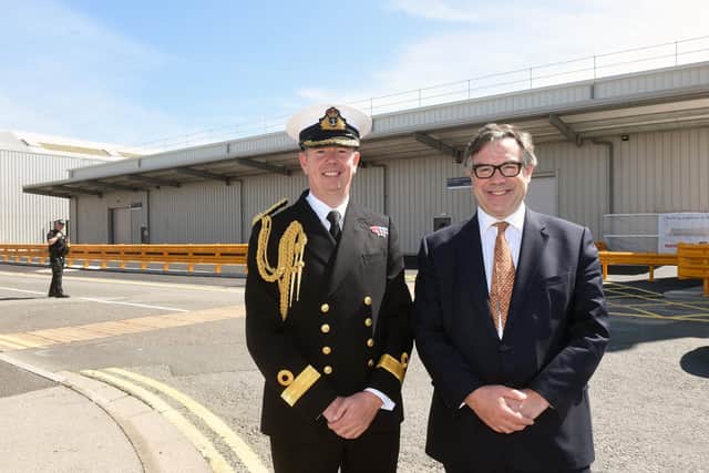The Queen Elizabeth Class Logistics Centre was officially unveiled at the Royal Navy on Tuesday, June 21. Pictured is: (l-r) Commodore John Voyce OBE and Jeremy Quin MP, Minister of state for defence procurement. Picture: Sarah Standing (210622-690)