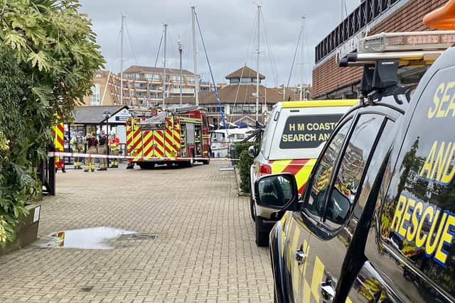 Cosham firefighters and Hillhead and Portsmouth Coastguard Rescue Teams attend a yacht fire at Port Solent. 