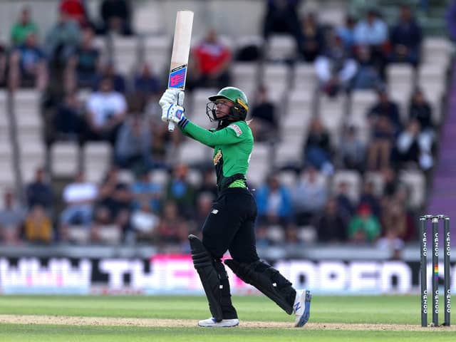 Southern Brave's Danni Wyatt hitting a six to win the match at The Ageas Bowl. Picture: Steven Paston/PA Wire.