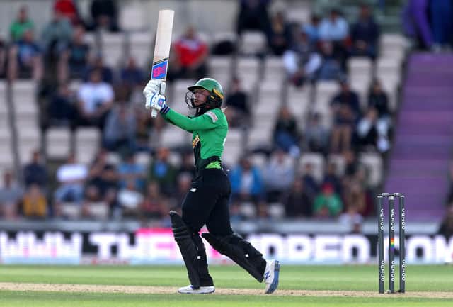 Southern Brave's Danni Wyatt hitting a six to win the match at The Ageas Bowl. Picture: Steven Paston/PA Wire.