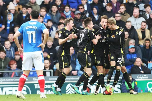 Gary Roberts watches with disbelief after Crewe's George Ray celebrates netting the winner at Pompey in March 2017. A result which would change Blues history. Picture: Joe Pepler/Digital South.