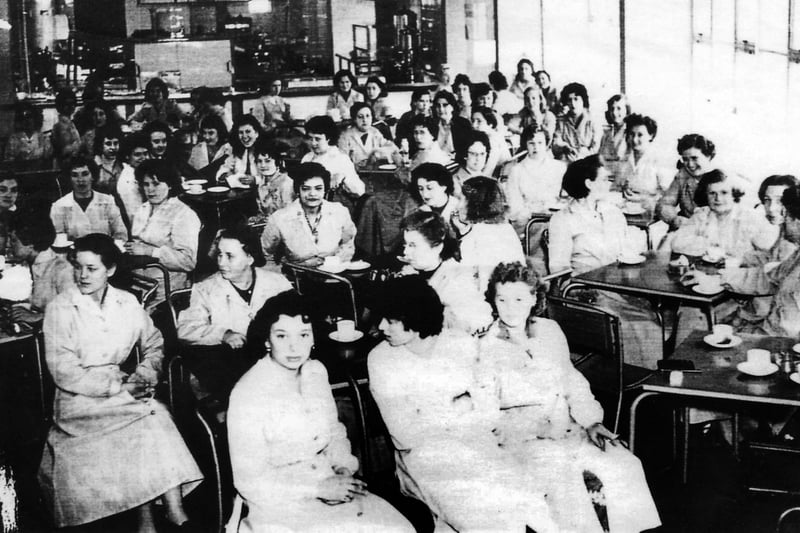 Teabreak. Women in the canteen at the Guards clothing factory at Fratton bridge in 1957.