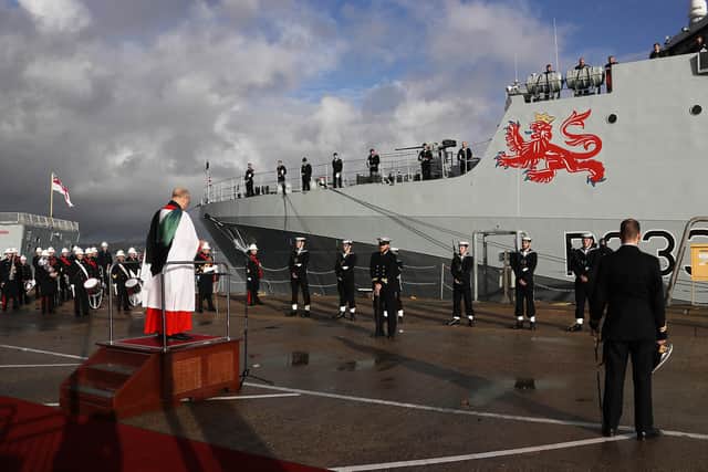 The ship as it is blessed during its commissioning ceremony in Portsmouth