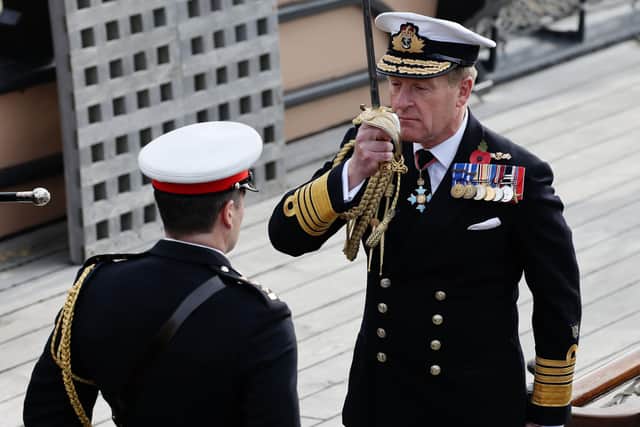 Admiral Sir Ben Key pictured on the deck HMS Victory where he was formally appointed as the new First Sea Lord.