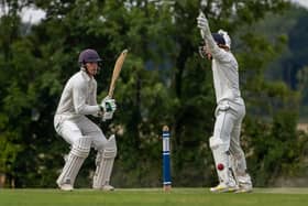 Hambledon record-breaker Matt De Villiers is trapped leg before by Archie Reynolds. Picture: Mike Cooter