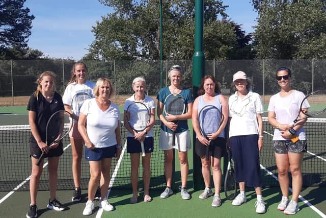 Southsea v Fishbourne Ladies (from left) Megan Evans, Georgie Smith (back), Helen Shelton (front), Linda Swinburne. Fishbourne centre is Suzie Upton-Brown, Kate Gurl, Nikki Scott, Gemma Marchant