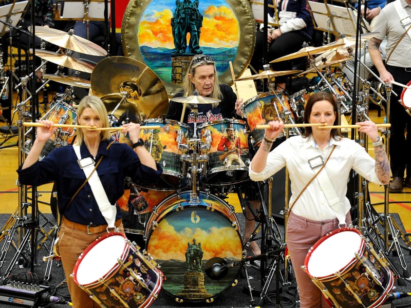 Members of the Royal Marines Band Service will be performing at the Royal Albert Hall in the annual Mountbatten Festival of Music on Friday 8th and Saturday 9th March 2024. The News Portsmouth were invited to their rehearsals at HMS Temeraire in Portsmouth, on Tuesday, March 5, where they also rehearsed with Iron Maiden drummer Nicko McBrain. Pictured is: Iron Maiden drummer Nicko McBrain during rehearsals at HMS Temeraire.