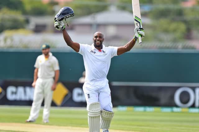 Michael Carberry celebrates scoring a century against Australia A during England's tour match at the Bellerive Oval in Hobart in November 2013. Picture: William West/AFP via Getty Images.