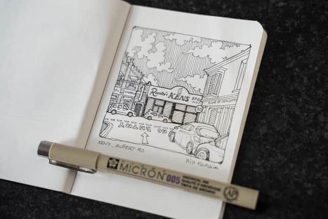 //body//From famous landmarks, to pubs and even kebab shops … a Southsea artist has sketched a
collection of city landscapes in a series of mini pen and ink drawings.
And now ‘Wish You Were Here’ - an exhibition by Pompey creative Will Hutchinson - will allow
residents the chance to see his work in person.
Will, who lives in Southsea, has been building a portfolio of work since he started doodling at home
during the COVID-19 pandemic.