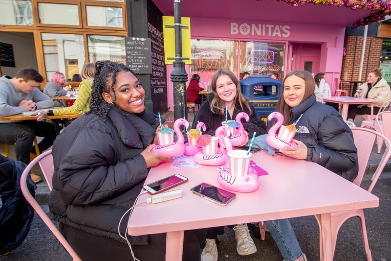 Bonita's, on Palmerston Road, has a Mexican theme with flamingo cocktails and frozen beverages. This bar and restaurant also has a secret garden, neon signs and a phone box that is decorated in flowers for the best Instagram pictures.
Pictured: Ryly Mason, Annalise parker and Hayley Purrington at Bonita's, Southsea


Picture: Habibur Rahman