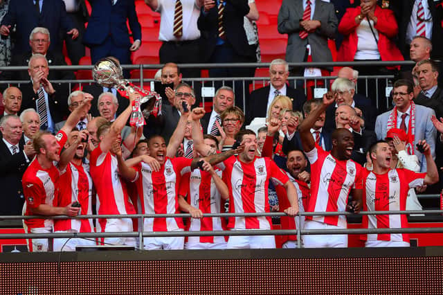 NL North club Brackley Town celebrate winning the FA Trophy in 2018 at Wembley. Pic: Mike Capps