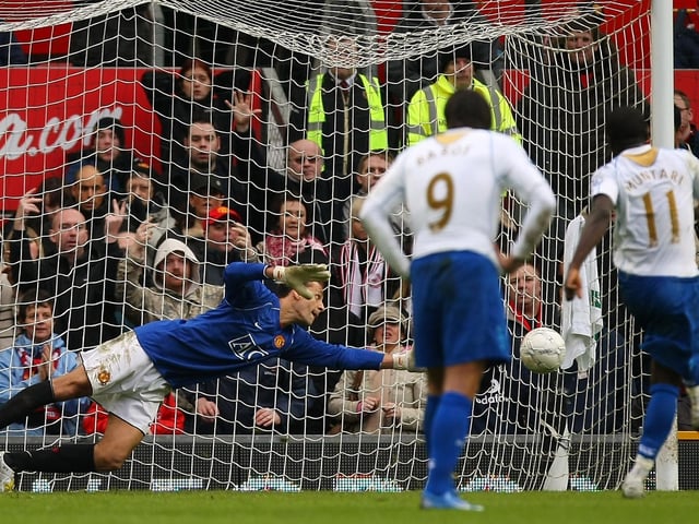 Stand-in goalkeeper Rio Ferdinand cannot keep out Sulley Muntari's penalty as Manchester United were knocked out of the FA Cup by Pompey in March 2008. Picture: Richard Heathcote/Getty Images.