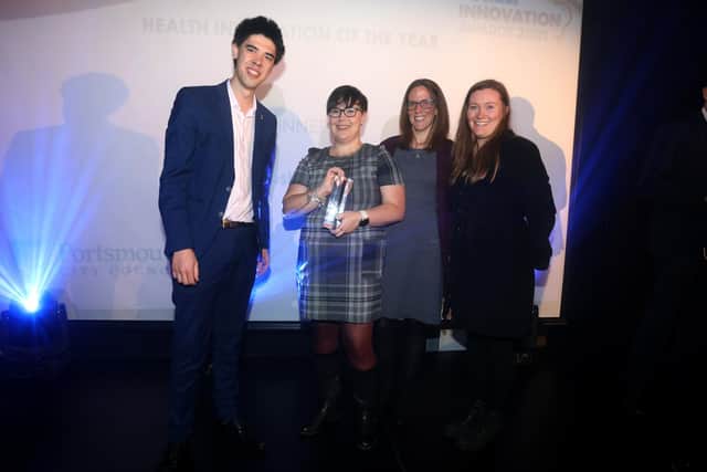 The Innovation Awards 2021 at the Village Hotel in Portsmouth.Pictured:Health Innovation of the YearSponsored by Portsmouth City CouncilWinner: Endometriosis South Coast(L-R) Cllr Ben Dowling, from sponsor Portsmouth City Council with Jodie Hughes, Steph Moss and Kate Dunston.Picture: Sam Stephenson