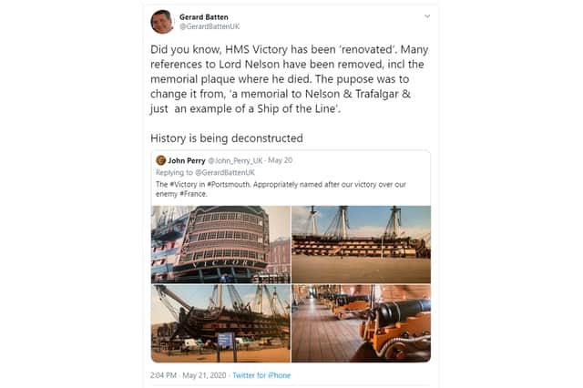 A tweet by former Ukip leader Gerard Batten about HMS Victory has proven to be demonstrably untrue. Picture: Twitter