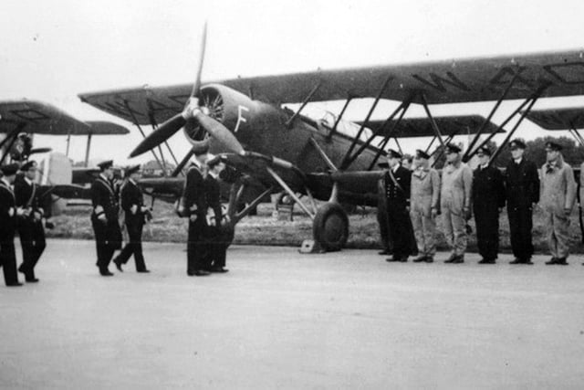 King George VI inspecting Shark aircraft at HMS Daedalus, Lee on Solent 1940.
It never ceases to amaze how far our late King travelled to inspect men and materials. Here he is at HMS Daedalus in 1940.