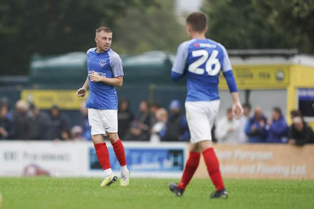 Pompey midfielder Joe Morrell scores against Gosport Borough at Privett Park tonight.