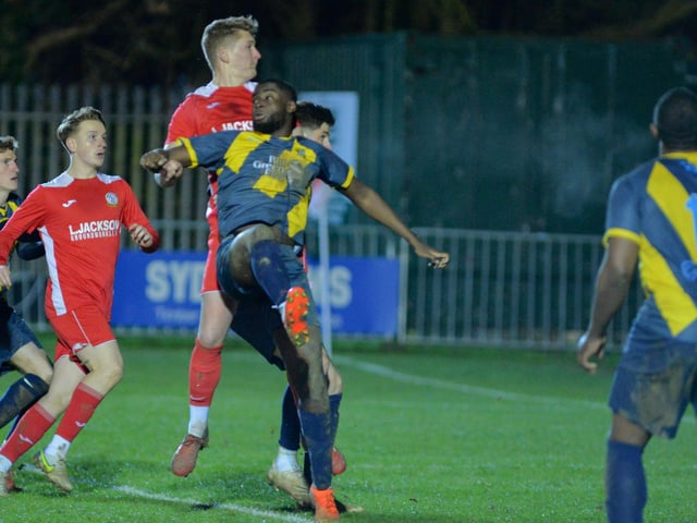 Chad Field heads Horndean into a 6-0 lead. Picture by Martyn White