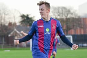 James Franklyn celebrates putting US Portsmouth into the lead against Brockenhurst. Picture by Martyn White.