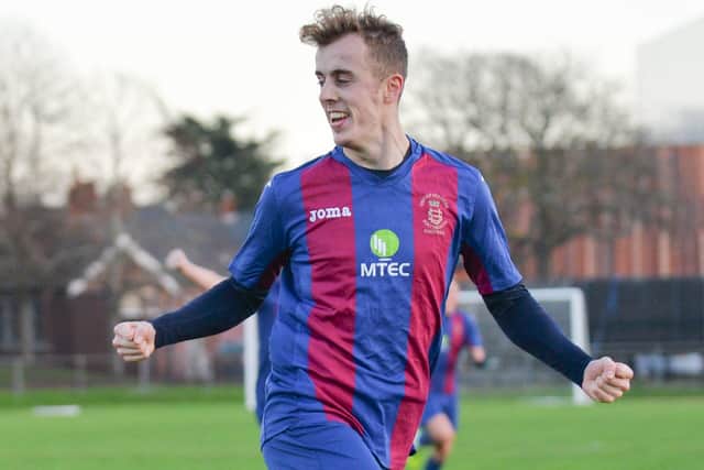 James Franklyn celebrates putting US Portsmouth into the lead against Brockenhurst. Picture by Martyn White.