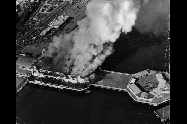 Aerial view of South Parade Pier on fire in 1975