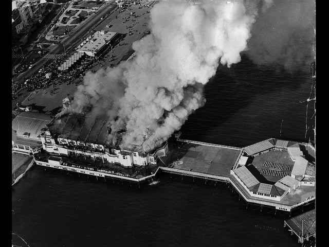 Aerial view of South Parade Pier on fire in 1975
