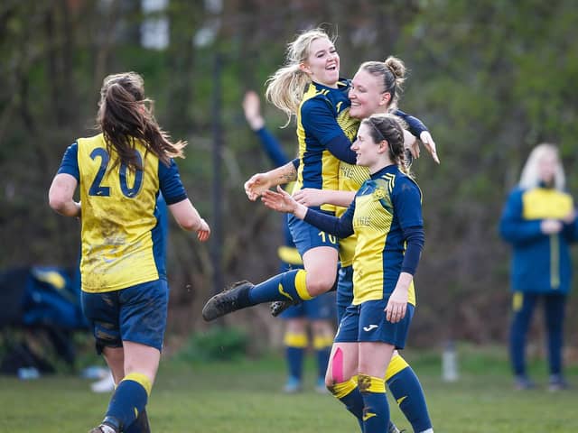 Moneyfields celebrate their Southern Regional League Premier Division title win at Woodley. Picture: Dave Bodymore.