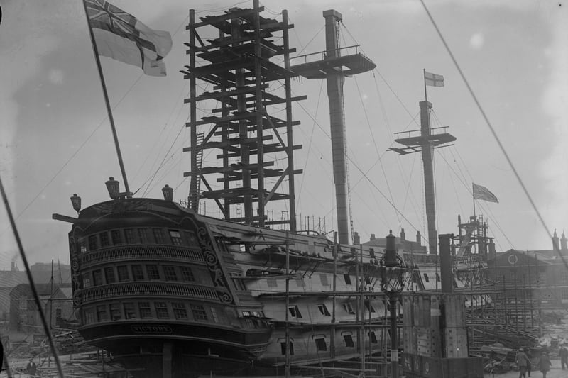 1926 Nelson's ship, HMS Victory, in dry dock but still flying the ensign.  (Photo by Fox Photos/Getty Images)