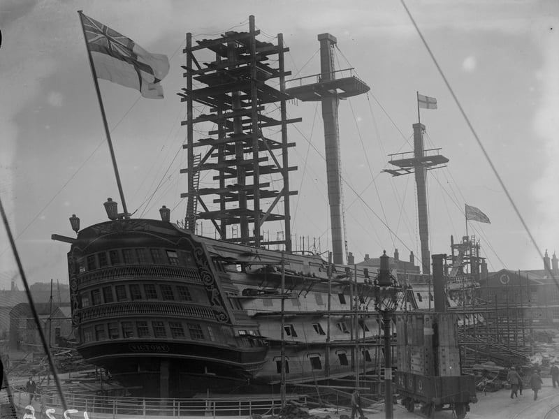 1926 Nelson's ship, HMS Victory, in dry dock but still flying the ensign. (Photo by Fox Photos/Getty Images)