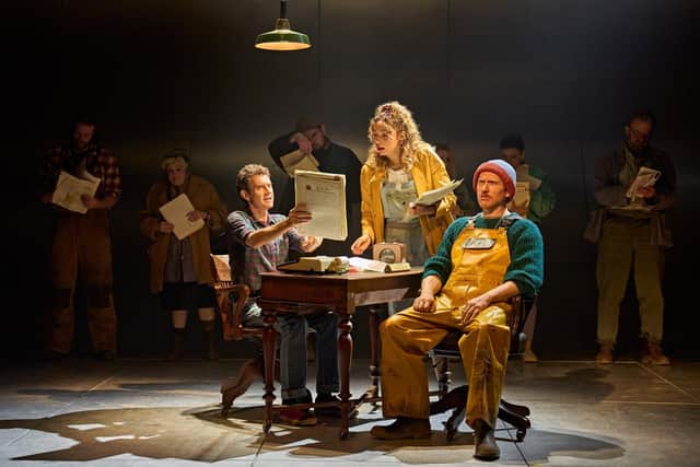 Paul Higgins (Gordon), Rachael Kendall Brown, Ali Craig and company in in Local Hero at Chichester Festival Theatre. Photo by Manuel Harlan